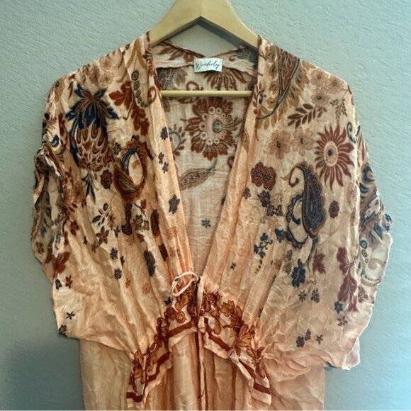 Wonderly Boho Viscose Swim Cover-Up One Size Peach Floral Paisley Kimono Chic - Picture 3 of 11